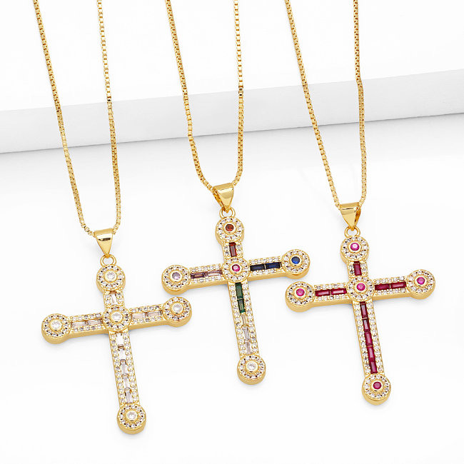 Fashion Simple Style Cross Copper Plating Inlay Zircon 18K Gold Plated Necklace