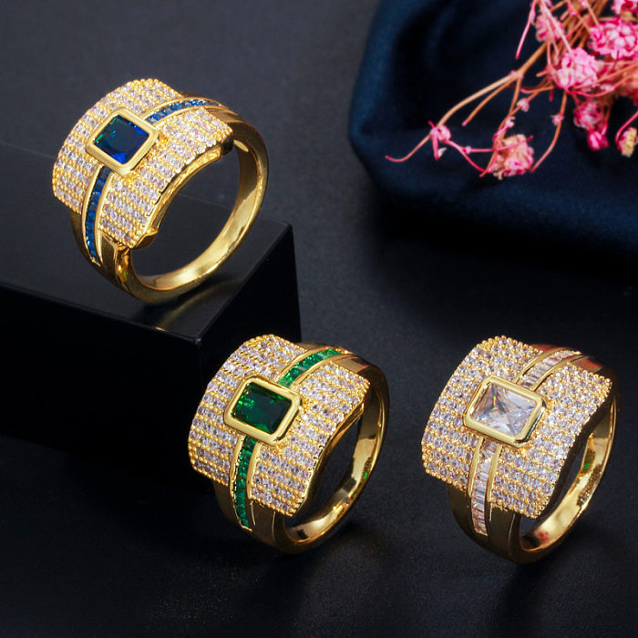 Glam estilo simples geométrico cobre chapeamento inlay zircão 14K banhado a ouro anéis banhados a ródio