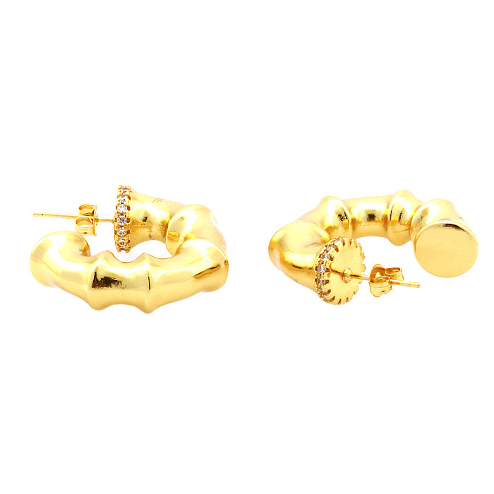 1 Pair Retro Simple Style C Shape Bamboo Plating Inlay Copper Zircon 18K Gold Plated Ear Studs