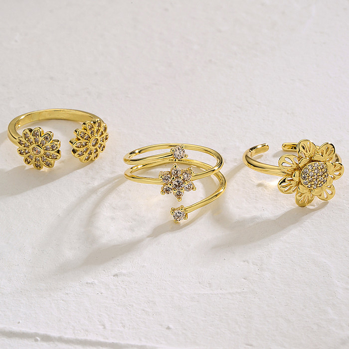خاتم مفتوح من النحاس المطلي بالذهب عيار 18 قيراط على شكل زهرة بسيطة من الزركون بكميات كبيرة