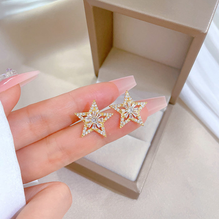 Simple Style Star Titanium Steel Copper Plating Inlay Artificial Gemstones Gold Plated Earrings Necklace