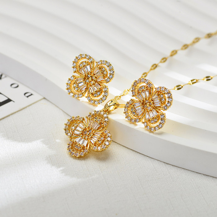 Sweet Flower Copper Inlay Zircon Earrings Necklace