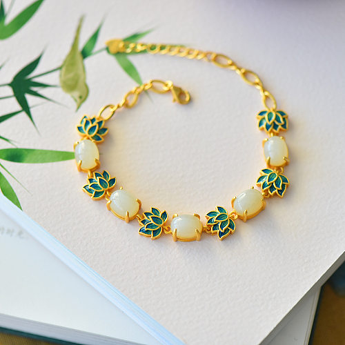 Bracelet en cuivre givré épais en émail de Lotus de Jade naturel d'imitation rétro