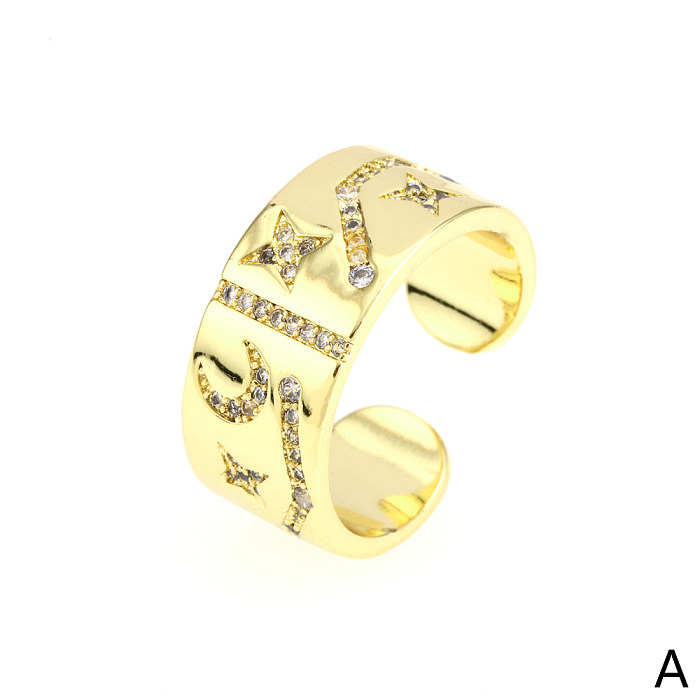 Vintage Style Star Moon Lines Copper Plating Inlay Zircon 18K Gold Plated Open Rings