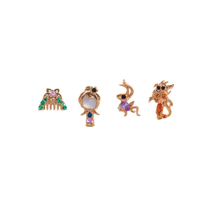 1 conjunto de pinos de orelha banhados a ouro 18K, estilo desenho animado, personagem de desenho animado, incrustação de latão, zircônia