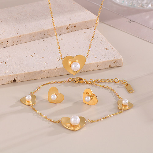 Estilo simples forma de coração borboleta titânio aço chapeamento incrustação pérolas artificiais 18k banhado a ouro brincos colar conjunto de jóias