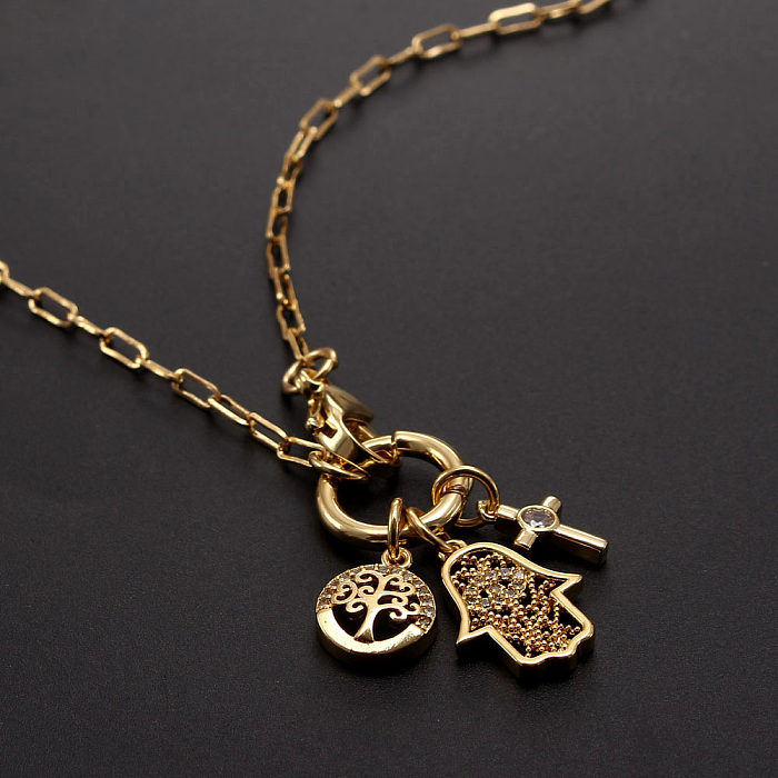 Estilo moderno cruz forma de coração Bc1035 Lucky Tree cobre banhado a ouro zircão pingente colar a granel