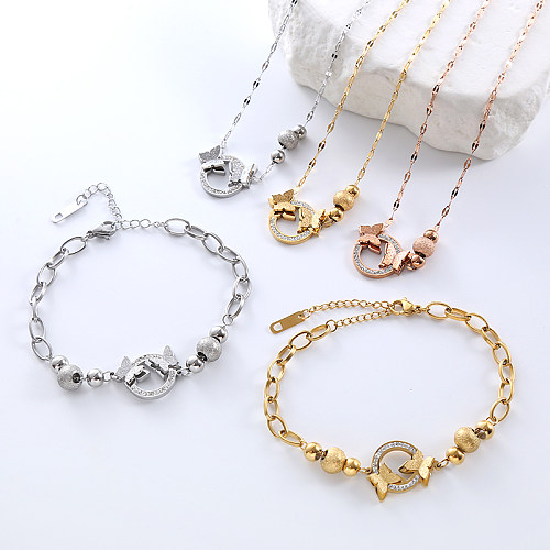 Casual Commute Butterfly Stainless Steel Plating Hollow Out Inlay Artificial Diamond 18K Gold Plated Rose Gold Plated Bracelets Necklace