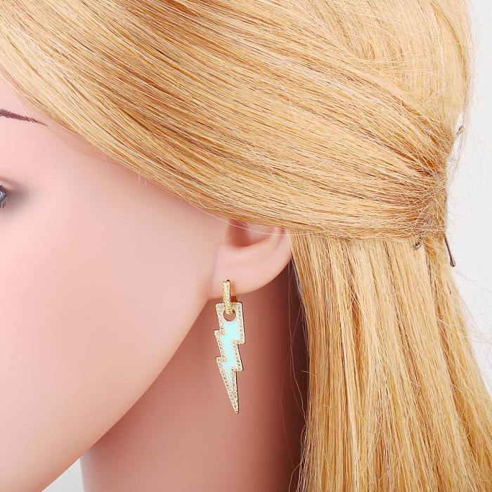 Fashion Long Lightning Heart Drop Oil Copper 18K Gold-plated Inlaid Zircon Earrings