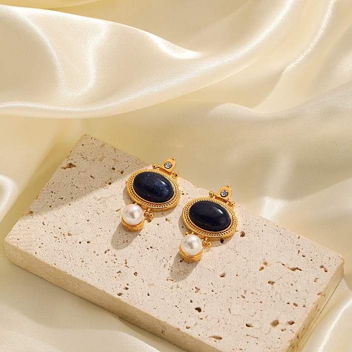 1 Paar Retro-Ohrringe, luxuriös, oval, mit Inlay, Kupfer, künstliche Perlen, Naturstein, 18 Karat vergoldet