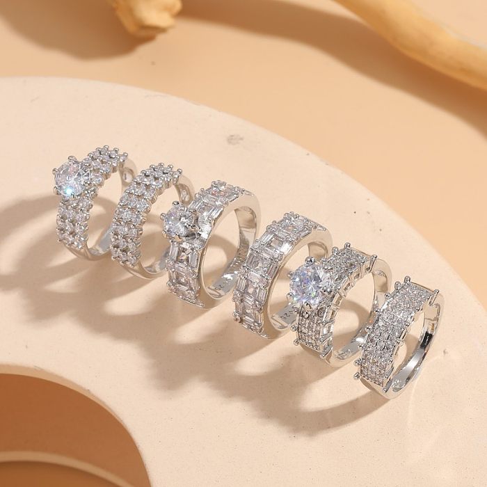 Elegant Classic Style Round Square Copper Asymmetrical Plating Inlay Zircon 14K Gold Plated Open Rings