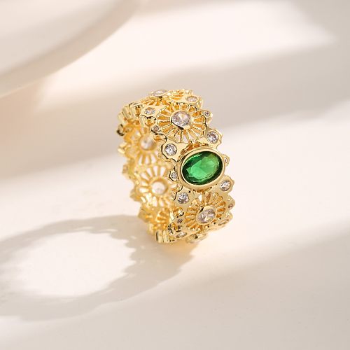 Vintage Style Luxurious Classic Style Flower Copper Plating Hollow Out Inlay Zircon 18K Gold Plated Rings