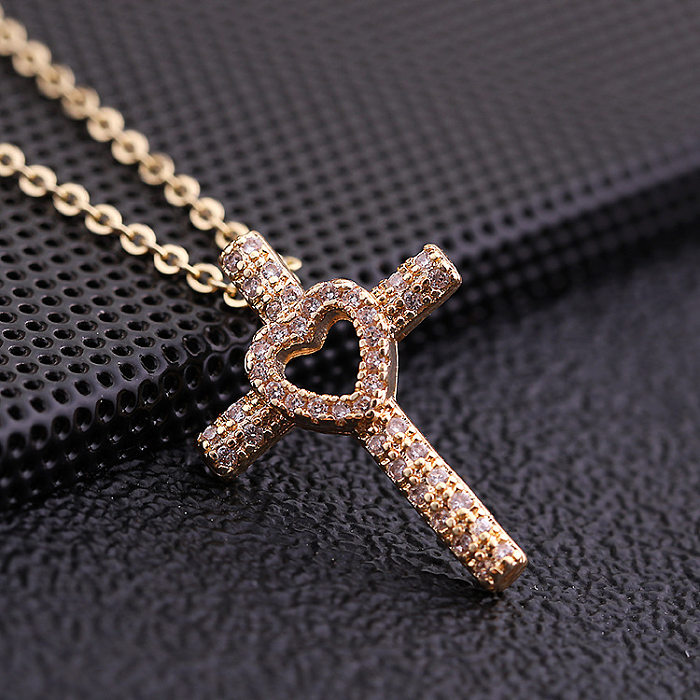 Cool Style Shiny Cross Heart Shape Copper Plating Hollow Out Inlay Zircon Pendant Necklace