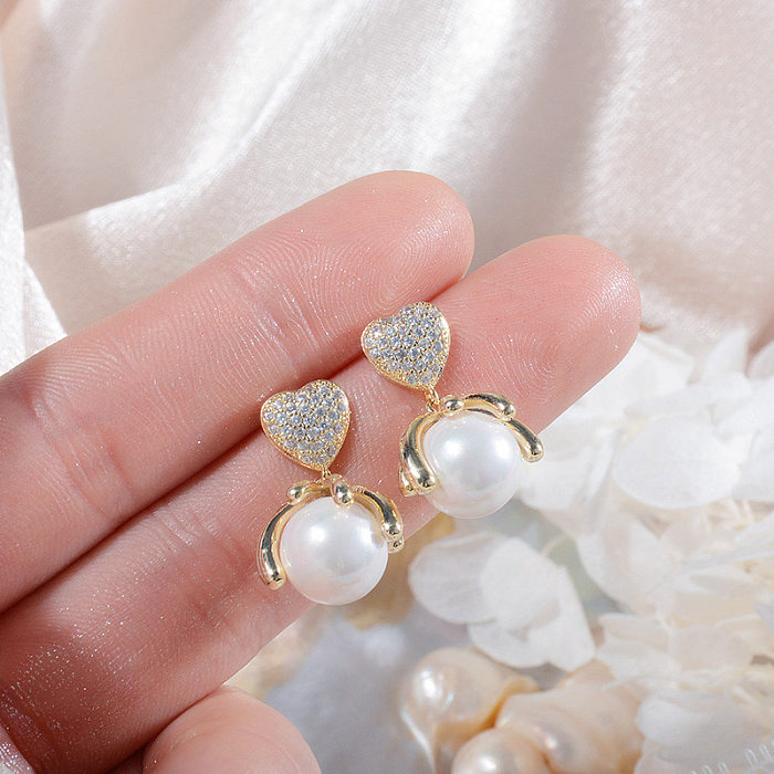 1 Pair Elegant Commute Heart Shape Plating Inlay Imitation Pearl Copper Zircon 14K Gold Plated Drop Earrings