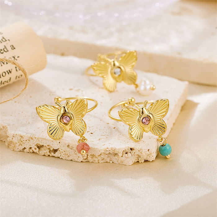 Strass embutidos de aço inoxidável com borboleta artística doce e anéis banhados a ouro 18K