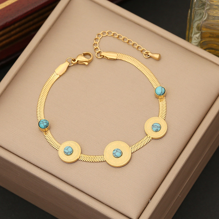 Retro Round Stainless Steel Inlay Turquoise Bracelets Earrings Necklace