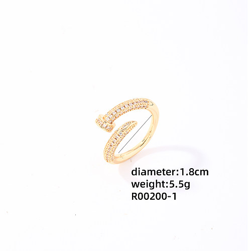 Hip-Hop Simple Style Shiny Nail Copper Plating Inlay Zircon White Gold Plated Gold Plated Open Rings