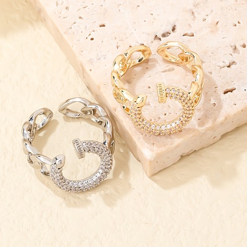 Casual Solid Color Copper Plating Inlay Zircon White Gold Plated Gold Plated Open Rings