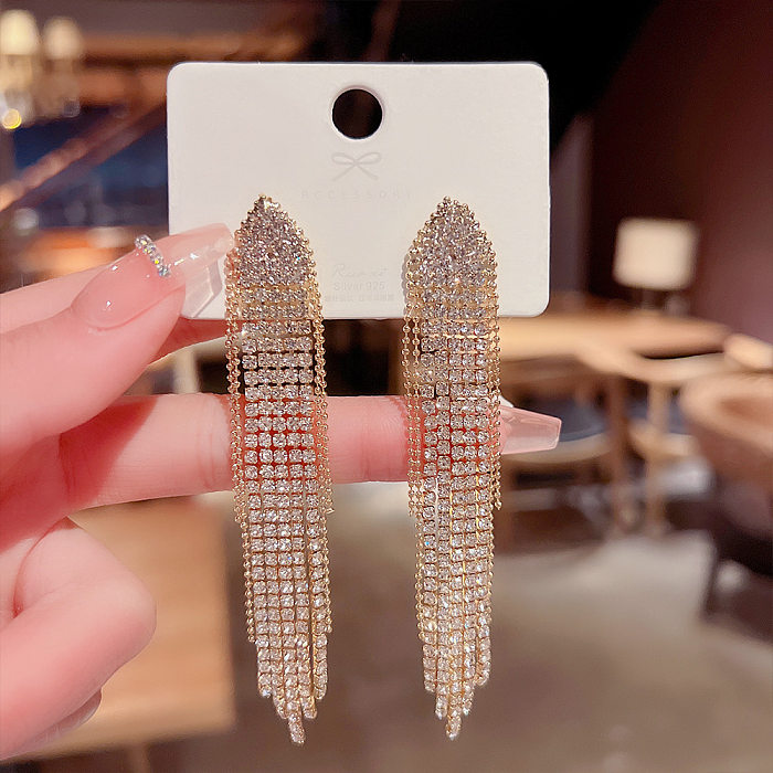 Fashion Tassel Copper Inlay Rhinestones Dangling Earrings 1 Pair