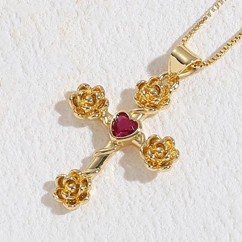 Elegante Kreuz-Herz-Form-Blume-Kupfer-Inlay-Zirkon-Anhänger-Halskette mit 14-Karat-Vergoldung