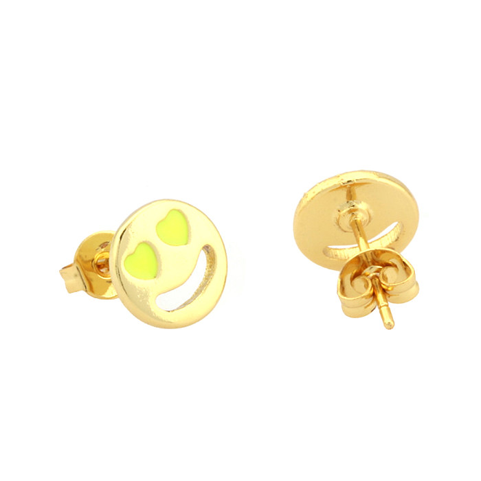 1 par de brincos de orelha banhados a ouro 18K estilo simples formato de coração sorridente rosto esmaltado
