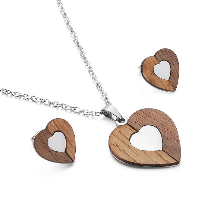 Fashion Titanium Steel Wooden Heart-shaped Earrings Necklace Set Wholesale jewelry