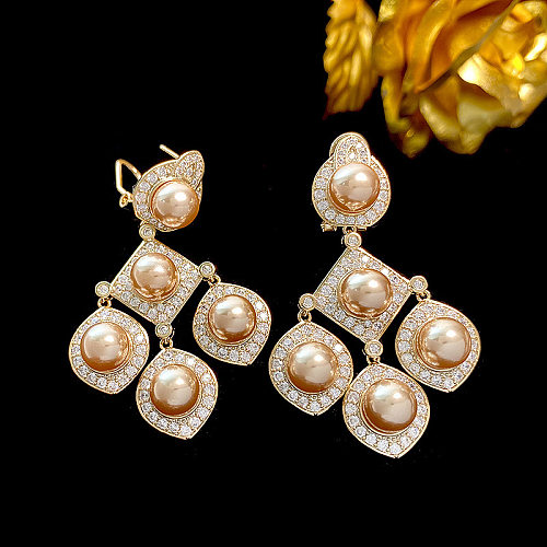 1 paire de boucles d'oreilles élégantes avec incrustation géométrique en cuivre, perles artificielles et Zircon