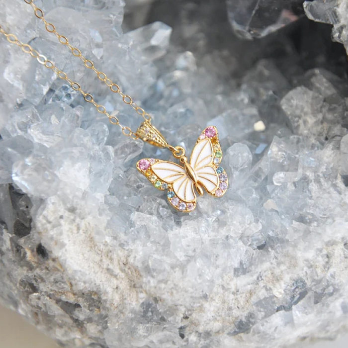 Elegant Sweet Commute Butterfly Stainless Steel Plating Inlay Artificial Gemstones 18K Gold Plated Earrings Necklace
