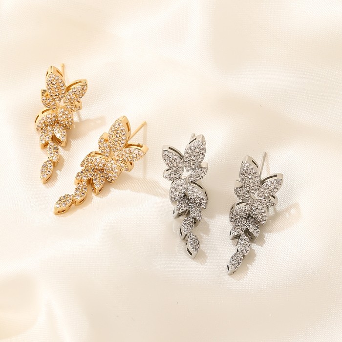 1 par de pendientes chapados en oro blanco con incrustaciones de flores brillantes y elegantes, circonita de cobre, chapado en oro blanco