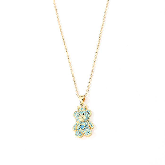 Cartoon Style Sweet Shiny Little Bear Copper Zircon Pendant Necklace In Bulk