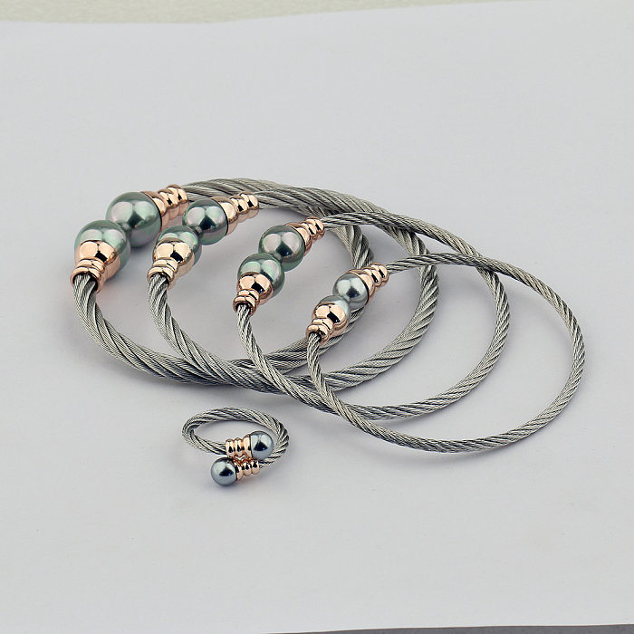 Casual Simple Style Round Stainless Steel Copper Inlay Pearl Women'S Rings Bracelets