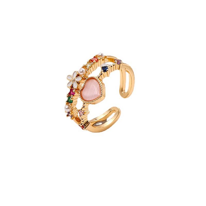 Offener Ring mit süßer Herzform, Blume, Kupferbeschichtung, Inlay, Zirkon, vergoldet