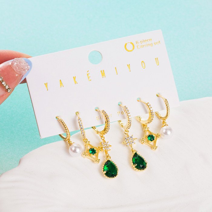 1 Set Yakemiyou Elegant Water Droplets Heart Shape Eye Asymmetrical Enamel Chain Copper Turquoise Zircon 14K Gold Plated Drop Earrings