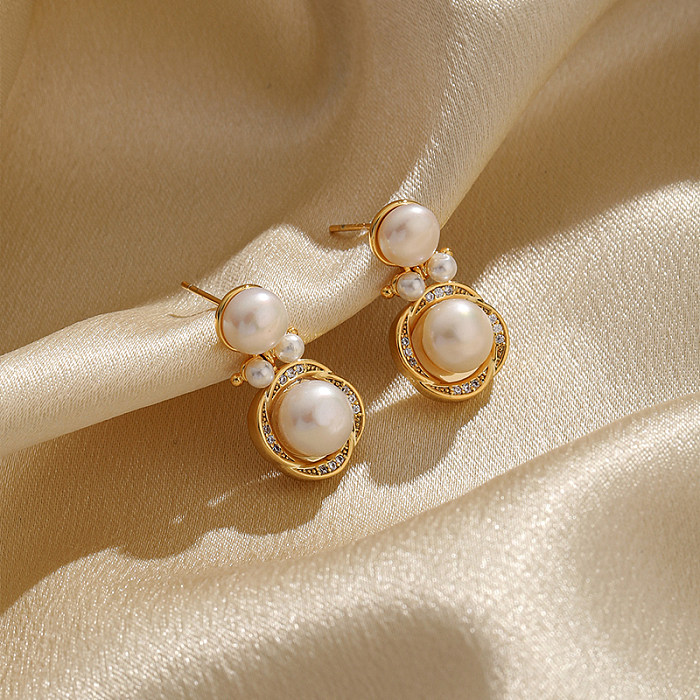 1 Pair IG Style Simple Style Flower Plating Inlay Copper Pearl Zircon 18K Gold Plated Drop Earrings