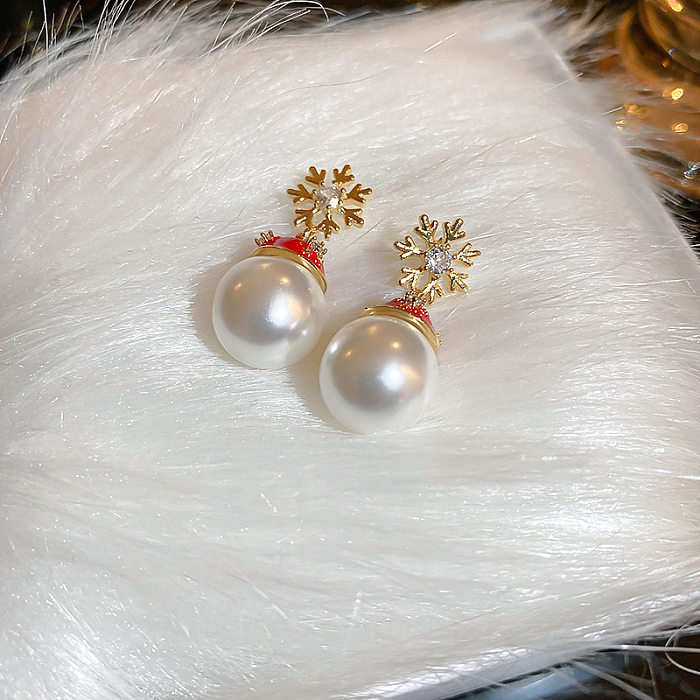 Niedliche Weihnachtsmütze, Kupfer, vergoldet, künstliche Perlen, Zirkon-Ohrstecker, 1 Paar