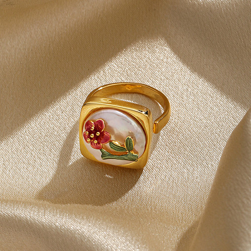 Anéis abertos elegantes glam lady flower com revestimento de cobre