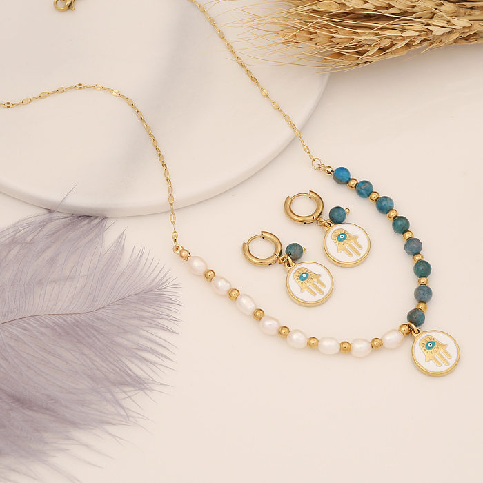 Fashion Palm Stainless Steel Beaded Pearl Bracelets Earrings Necklace