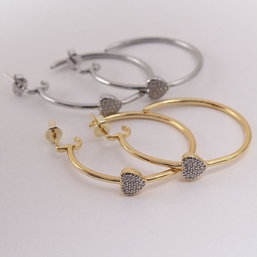 1 paire de clous d'oreilles plaqués or et cuivre, Style IG Simple, en forme de cœur, incrustation de cuivre et de Zircon