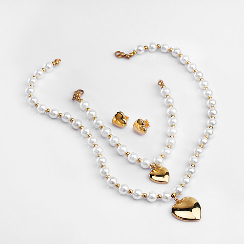 Elegant Heart Shape Stainless Steel Artificial Pearl Beaded Bracelets Earrings Necklace
