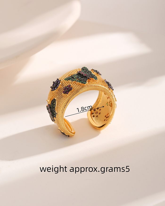 Anillos abiertos chapados en oro de 18K con incrustaciones de cobre y mariposa de flor de estilo francés de estilo vintage