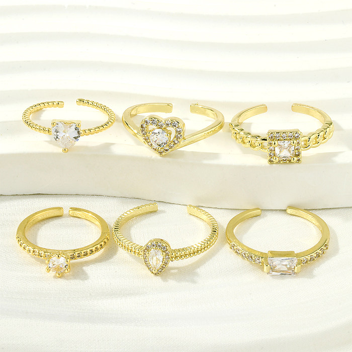 Gotas de água quadradas casuais em formato de coração, revestimento de cobre, zircão, anéis abertos banhados a ouro 18K