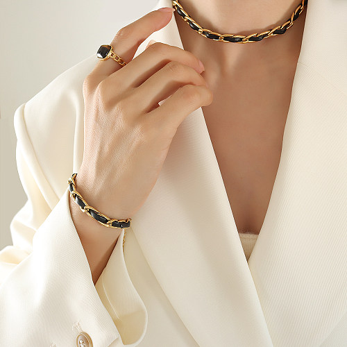 Cool Style Color Block Leather Titanium Steel Plating 18K Gold Plated Bracelets Necklace