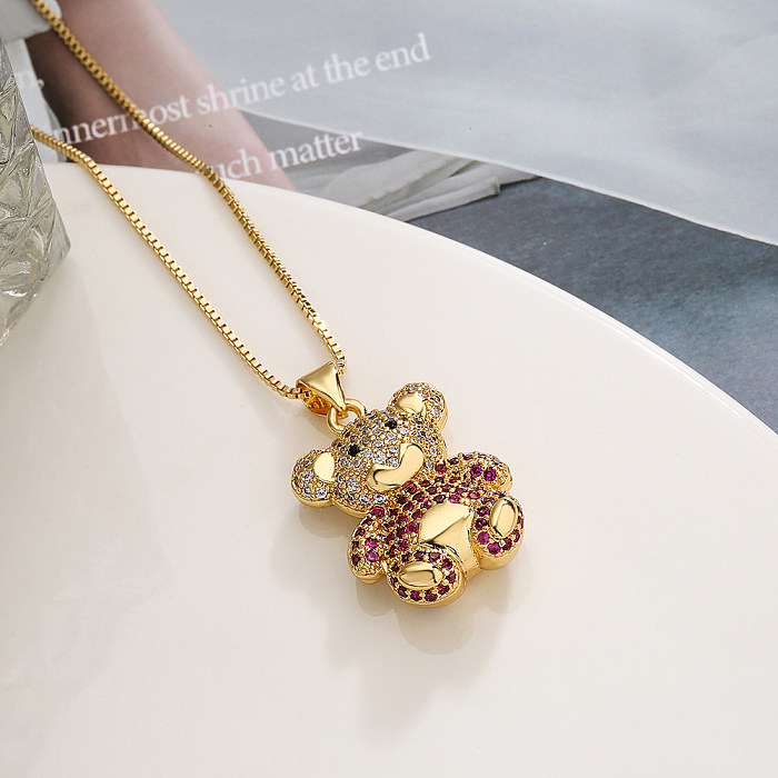 Simple Style Commute Little Bear Copper 18K Gold Plated Zircon Pendant Necklace In Bulk