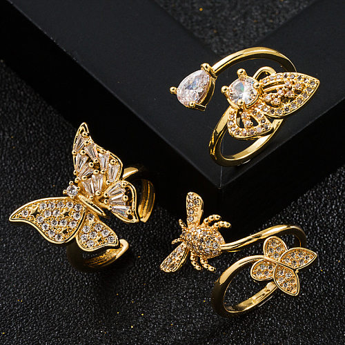 Bague ouverte papillon en cuivre plaqué or, Micro-ensemble de Zircon à la mode