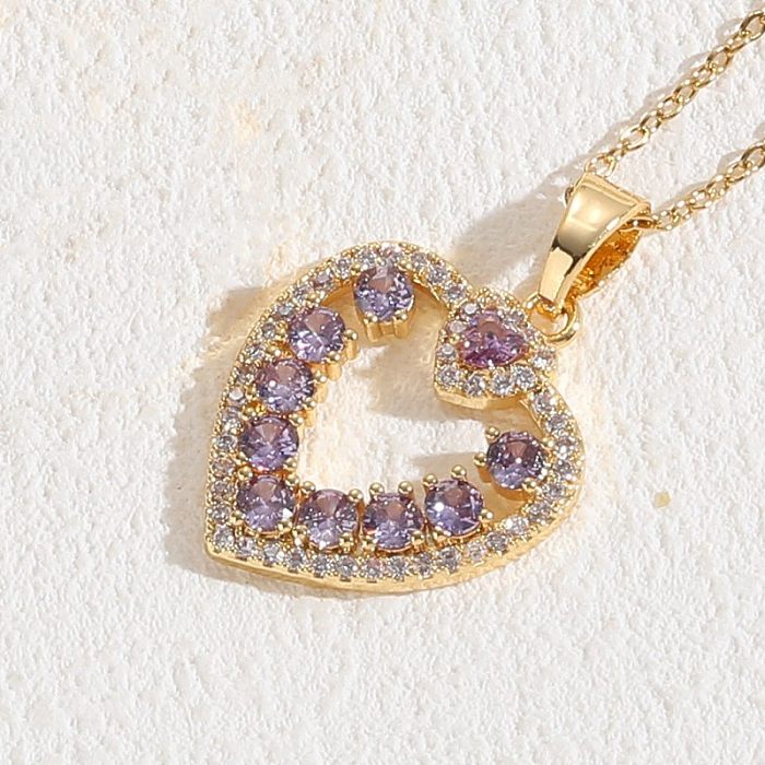 Elegant Heart Shape Copper Plating Inlay Zircon 14K Gold Plated Pendant Necklace