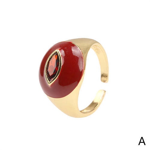 Retro Simple Style Water Droplets Copper Enamel Plating Inlay Zircon 18K Gold Plated Open Rings