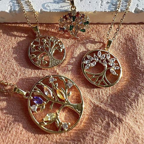 Elegant Classic Style Tree Copper Plating Inlay Zircon Pendant Necklace