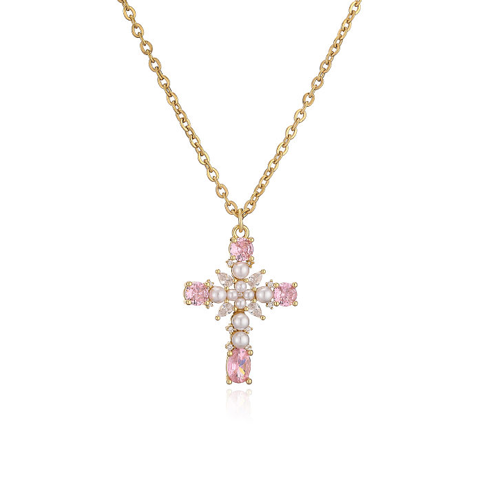Classic Style Cross Copper Inlay Artificial Gemstones Pendant Necklace