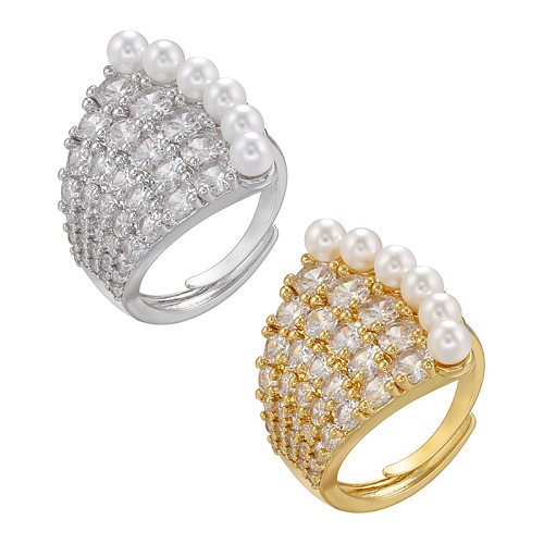1 Piece Fashion Sector Copper Plating Inlay Pearl Zircon Open Ring