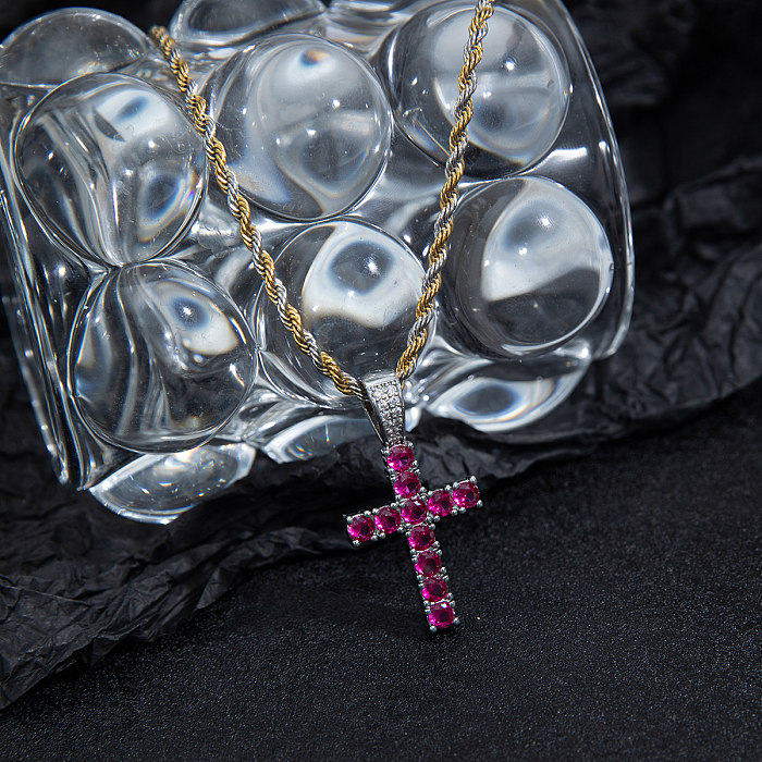 Hip-Hop Cross Brass 14K Gold Plated White Gold Plated Zircon Pendant Necklace In Bulk